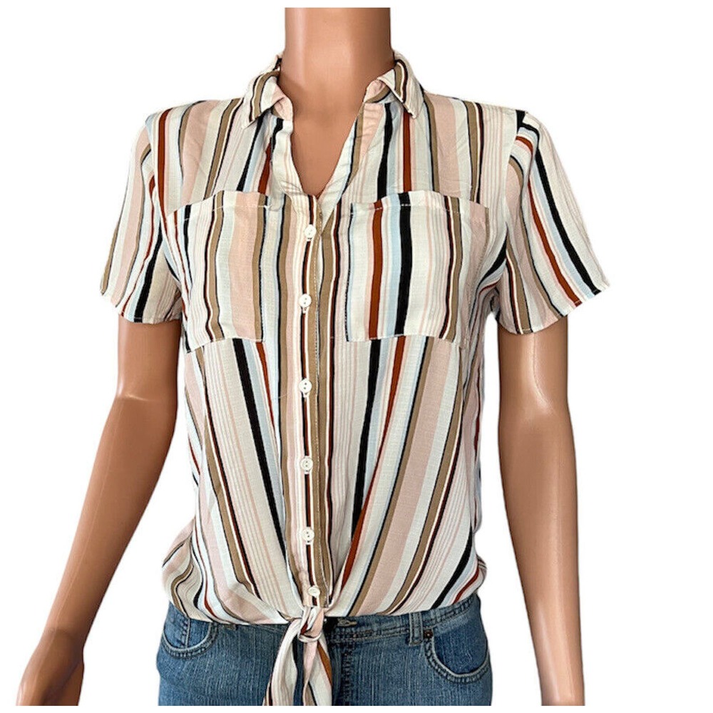 Paper Crane Shirt Womens Small Cropped Tie Front Button Up Stripes Multi Color